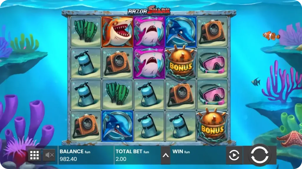 Free Spins Mode in Razor Shark with shark-only symbols on the reels after three Scatters trigger the bonus round