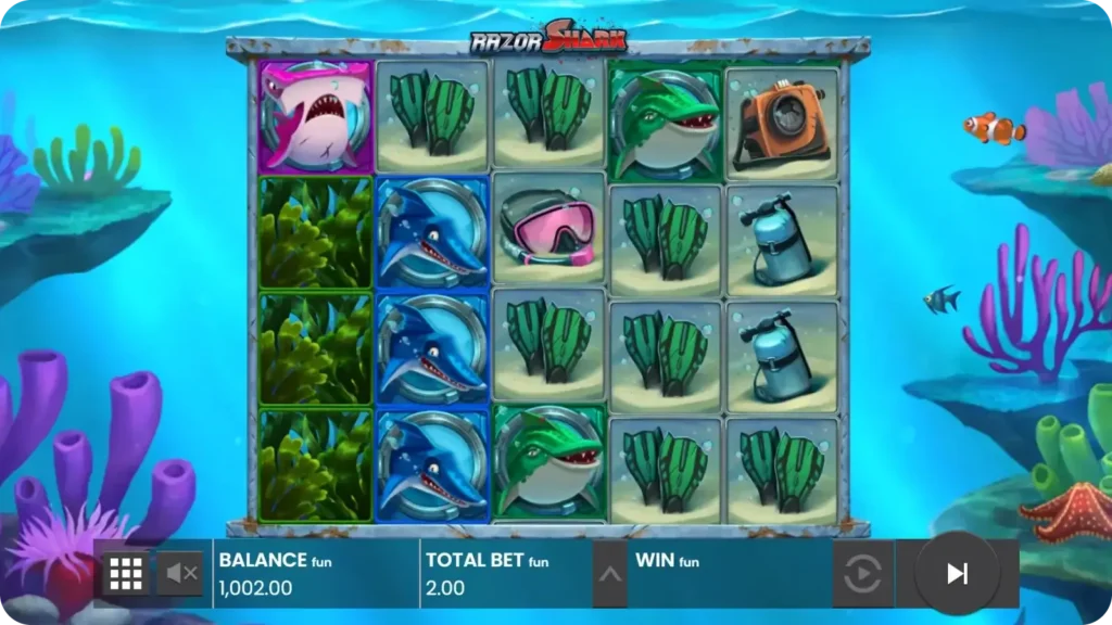 Mystery Stacks feature in Razor Shark showing a full reel covered by stacked symbols during a live spin