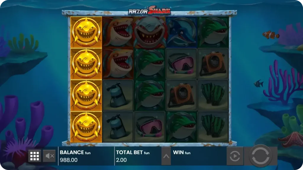 Razor Reveal Feature in Razor Shark revealing aligned stacked symbols across several reels in one spin